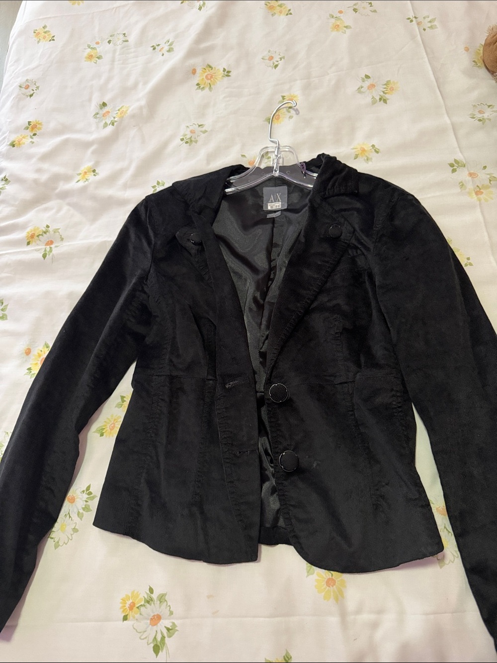 A|X Armani Exchange Black Velvet-Look Fitted Blazer